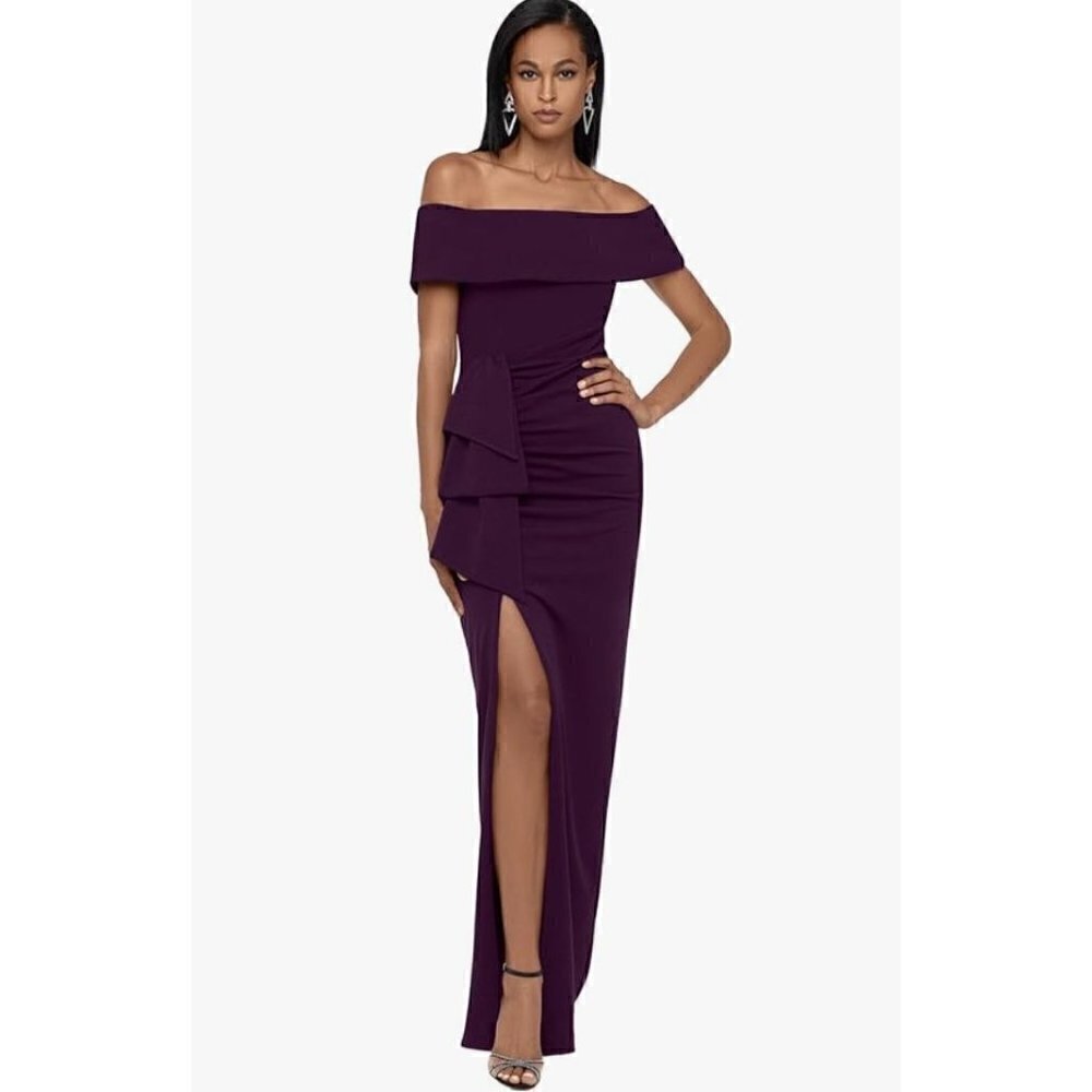 New Xscape Women's Size 10 Long Off The Shoulder Scuba Crepe Slit Dress Mulberry